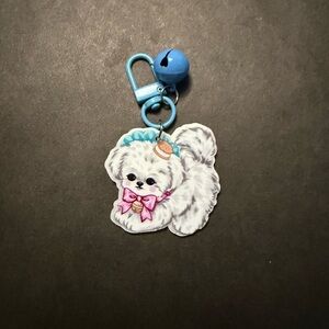 Mint White Fluffy Puppy Charm with Pink Bow and Blue Bell